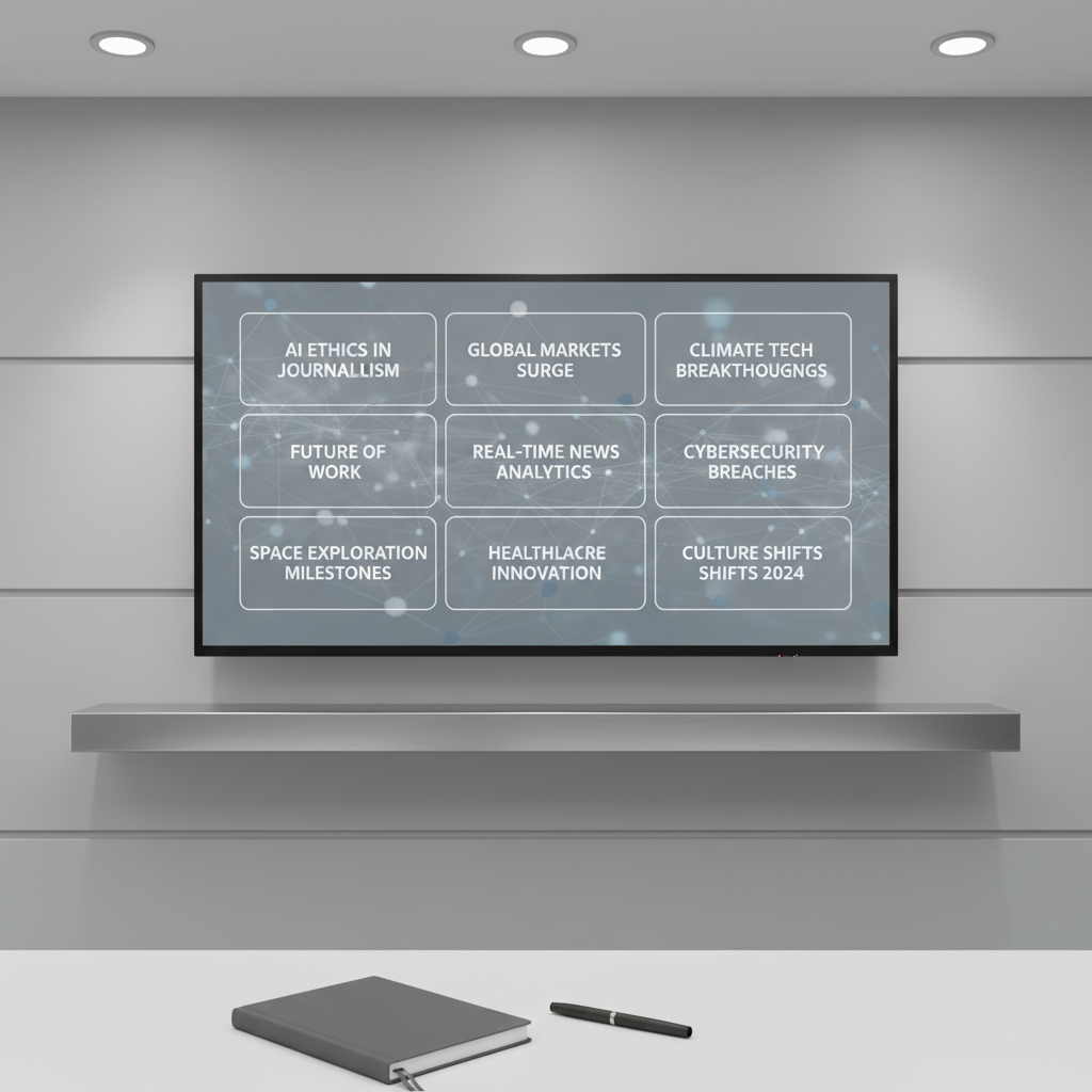A modern, wall-mounted flat-screen monitor perched on a brushed steel accent shelf in a minimalist news agency workspace. The display shows a curated grid of trending news headlines, each housed in a refined, semi-transparent card with clean sans-serif fonts and cool neutral tones. Ambient lighting from overhead recessed fixtures creates balanced illumination, highlighting the structure while casting gentle, precise shadows. The desk below is uncluttered, with only a closed notebook and matte black pen beside the monitor, emphasizing a sense of order and purpose. Shot at eye level with a subtle depth of field and a centered composition, the image exudes a composed, structured, and corporate aesthetic perfectly aligned with professional, AI-powered news delivery.
